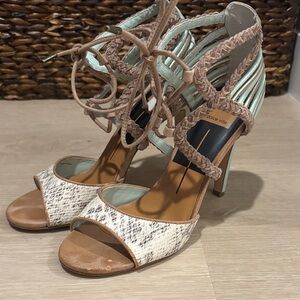 Dolce Vita Strappy Snake Print Heels in Cream and Tan